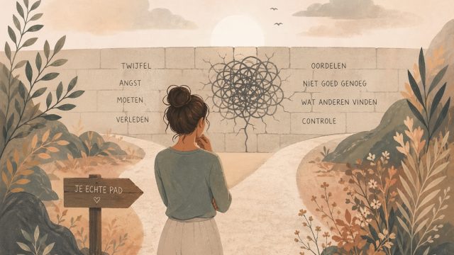 Illustratie van een persoon die voor een muur staat met woorden als twijfel en angst, symbool voor spirituele blokkades