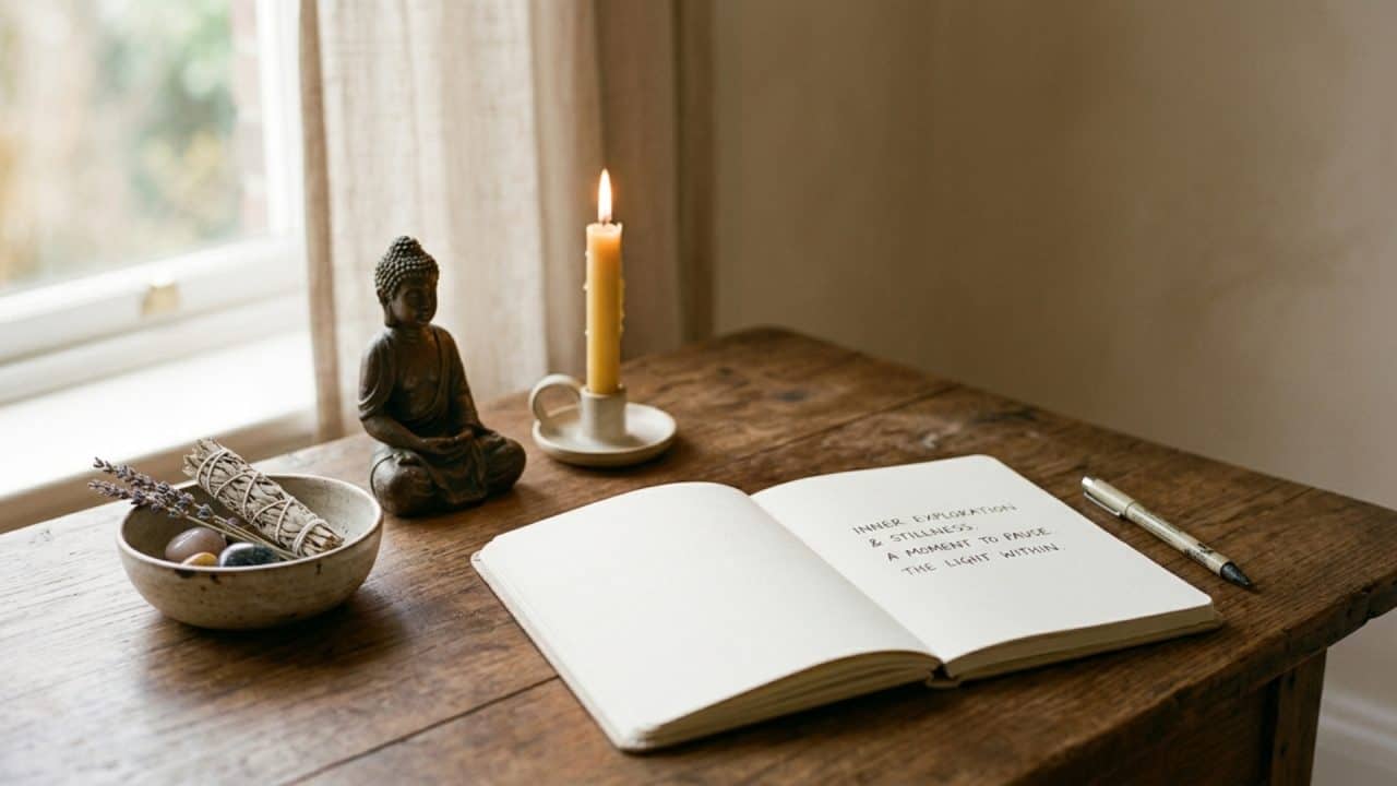 Notitieboek met kaarslicht als symbool voor reflectie en innerlijk onderzoek in spirituele coaching
