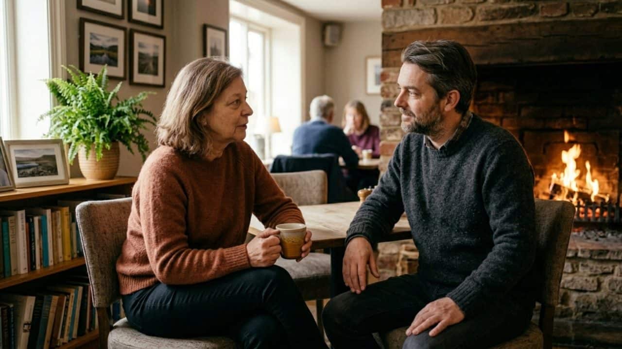 Twee mensen in een rustig gesprek in een warme setting gericht op herstel van de relatie