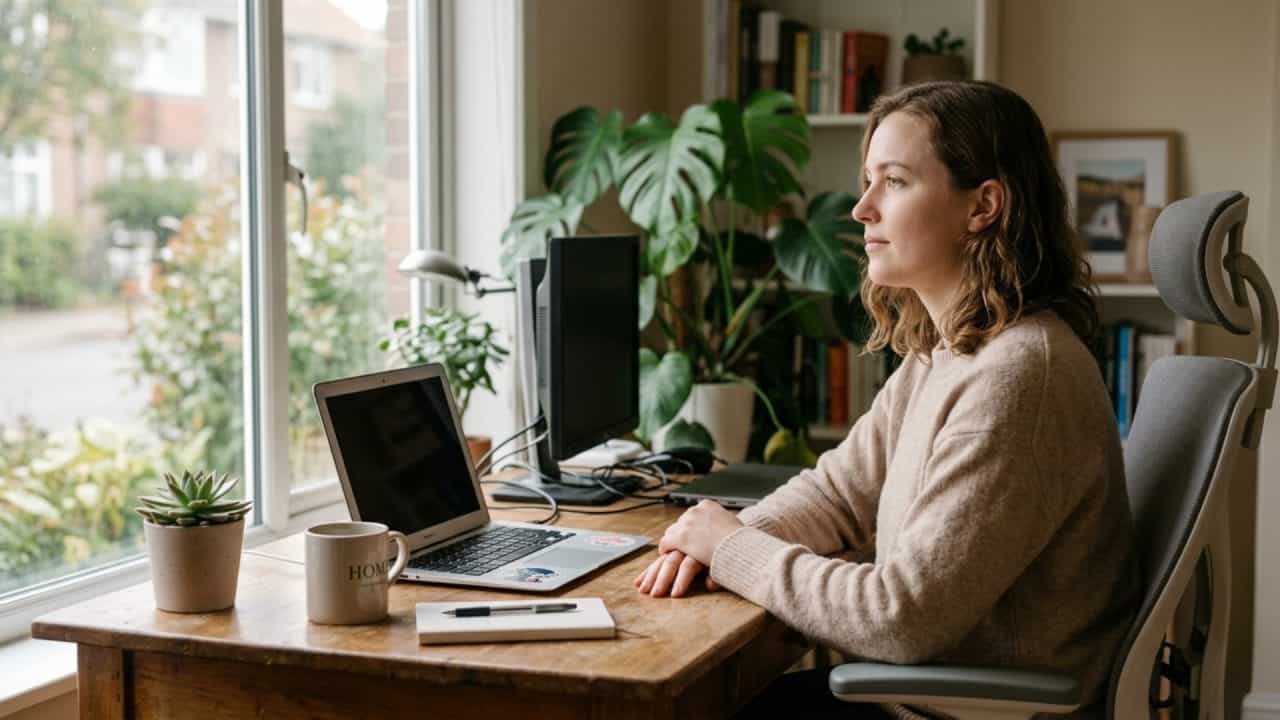 Persoon zit achter laptop en staart voor zich uit door te veel in het hoofd zitten
