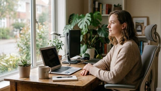 Persoon zit achter laptop en staart voor zich uit door te veel in het hoofd zitten