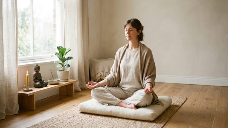 Persoon in meditatiehouding in rustige ruimte tijdens spirituele coaching sessie