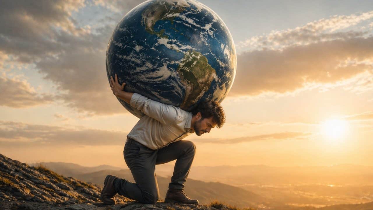 Man die de wereld op zijn schouders draagt als metafoor voor zich verantwoordelijk voelen voor anderen