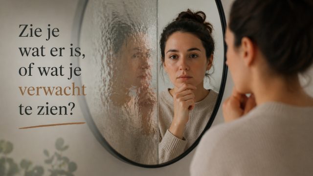 Vrouw kijkt in spiegel met vervormde reflectie als metafoor voor perceptie en placebo bij energetische coaching
