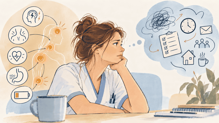 Illustratie van een hulpverlener met lichamelijke spanning en mentale overbelasting bij burn-out