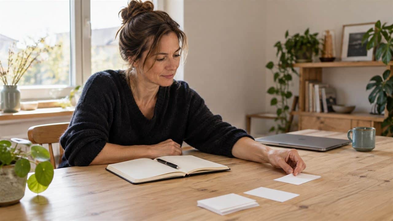 Ondernemer pakt een kaartje aan een werktafel met een open notitieboek en andere kaartjes.