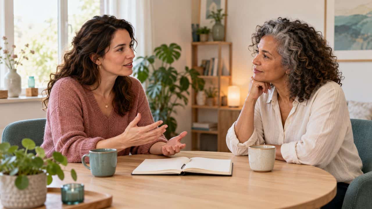 Twee vrouwen voeren een gesprek aan een kleine tafel met een open notitieboek en twee mokken.