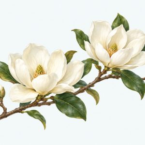 Magnoliatak met twee open witte bloemen, groene bladeren en gesloten knoppen op een lichte achtergrond.