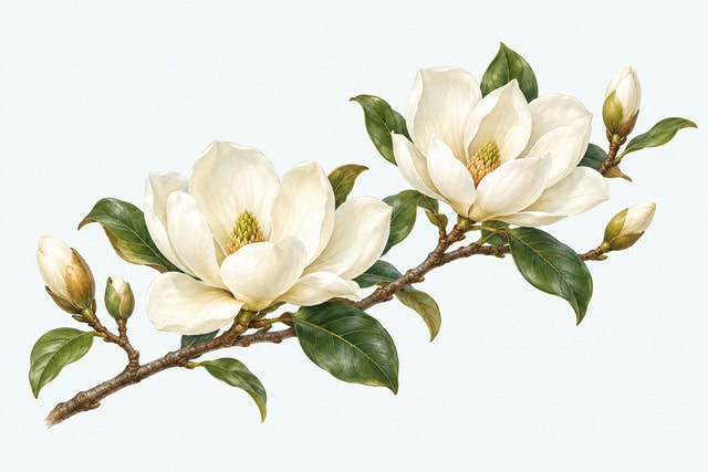 Magnoliatak met twee open witte bloemen, groene bladeren en gesloten knoppen op een lichte achtergrond.