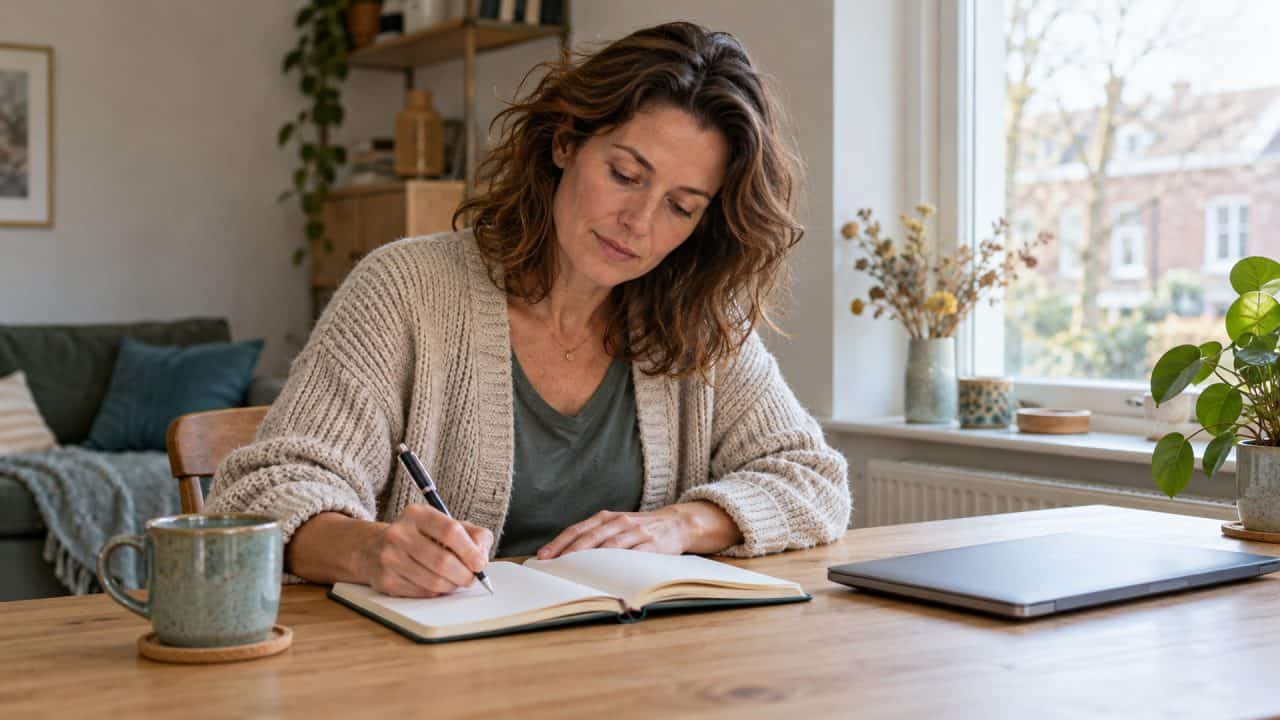 Vrouw schrijft in een notitieboek aan een tafel bij het raam, met een gesloten laptop naast zich.